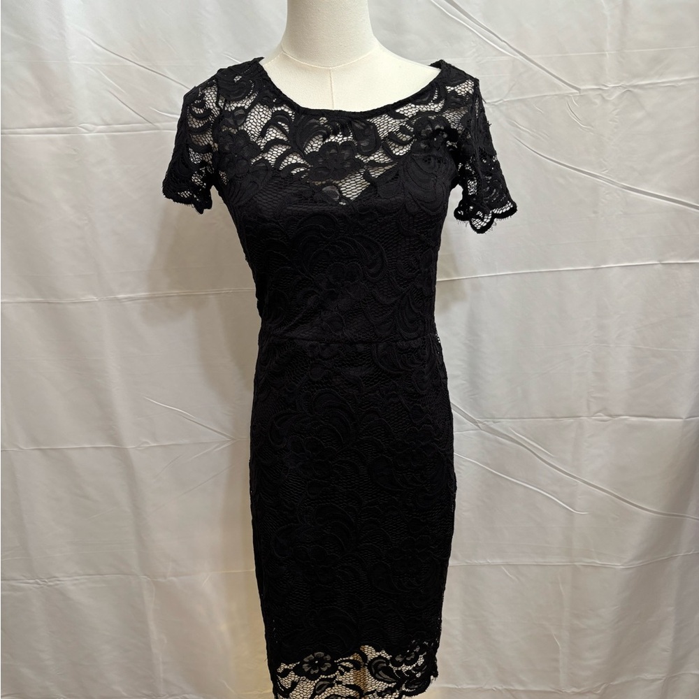 Ambiance‎ Black Lace Fitted Cocktail Dress Medium Sheer Detail